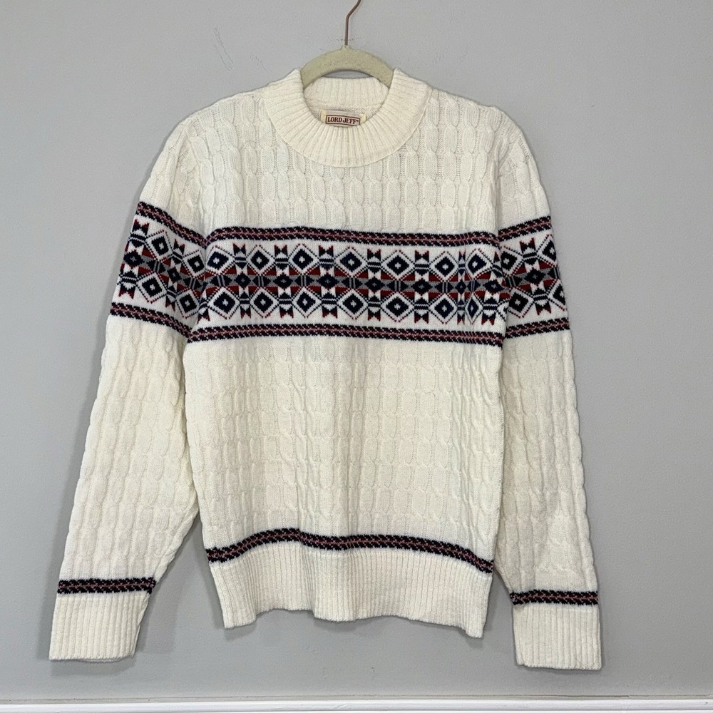 Vtg Lord Jeff Cable Knit Fair Isle Sweater Womans M 60s 70s Made In USA‎ Classic